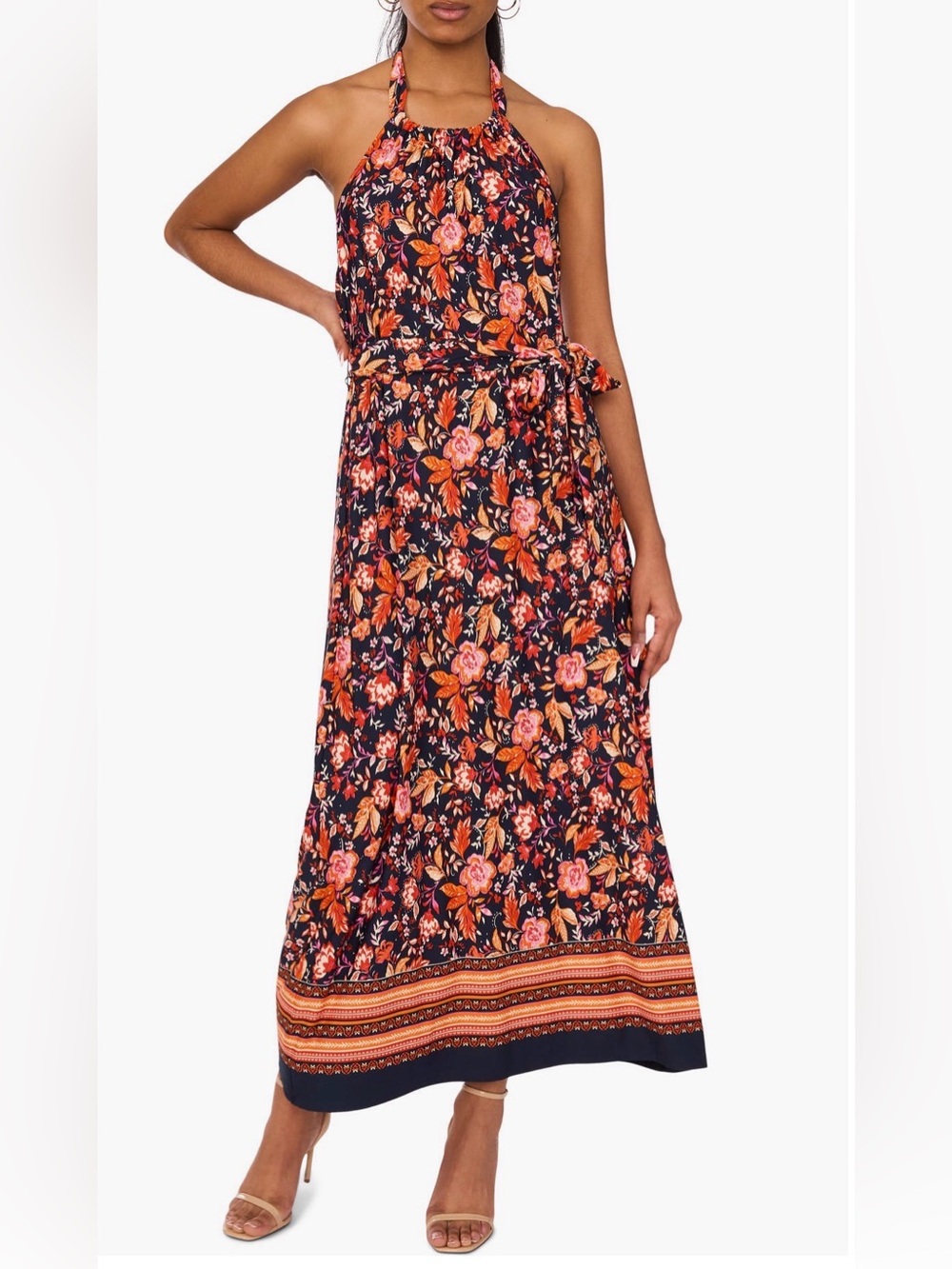 Halogen Floral Halter Tie Waist Maxi Dress - Pink Multi